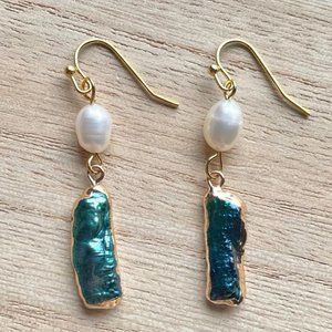 Earrings Biwa Black Pearl and White Baroque, 18KT Gold Plated , Handmade
